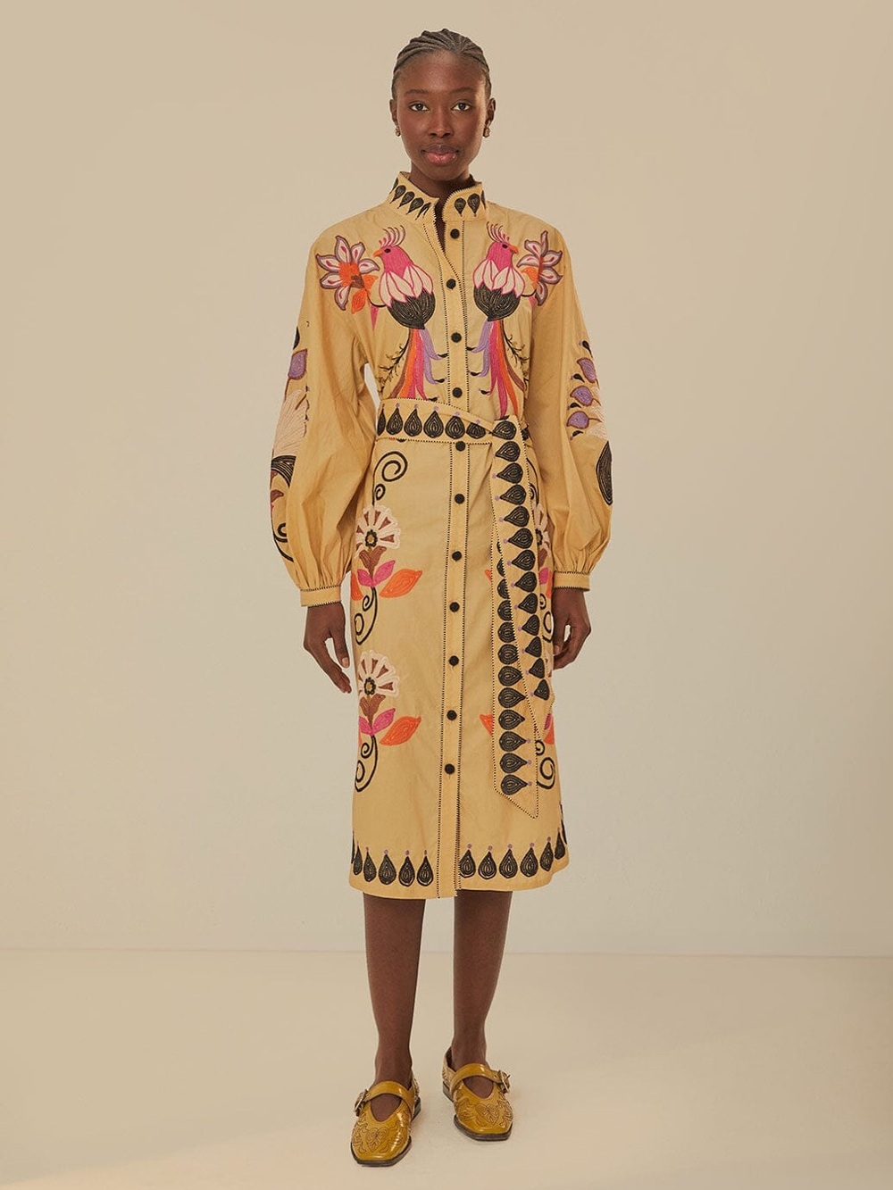 Farm Rio Khaki Flower Bird Embroidered Midi Dress
